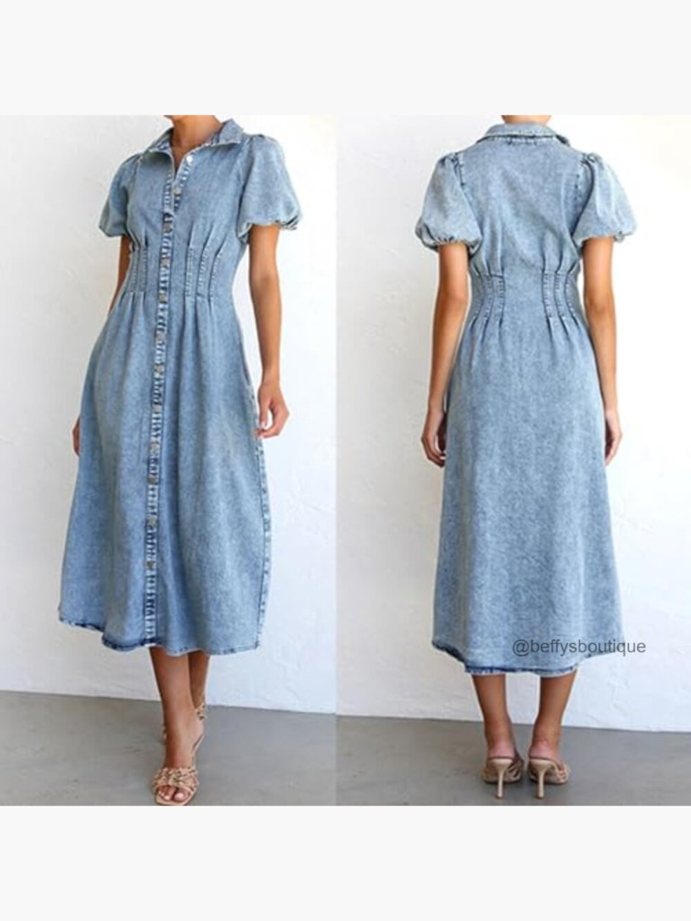 Women's Long Denim Dress Puff Sleeve Button Down Casual Slim Fit Midi Jean - Picture 2 of 7